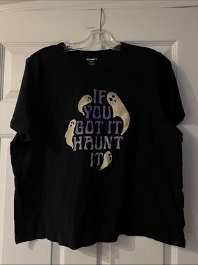 Old Navy Black Tee with Purple Graphic and Cream Ghosts
